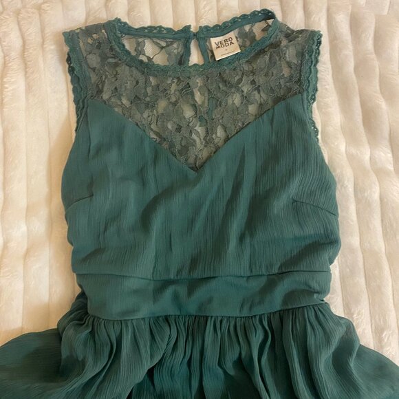 🍏 Vintage Vero Moda Emerald-Teal Green Lace Empire-Style Mini Dress - Picture 3 of 6